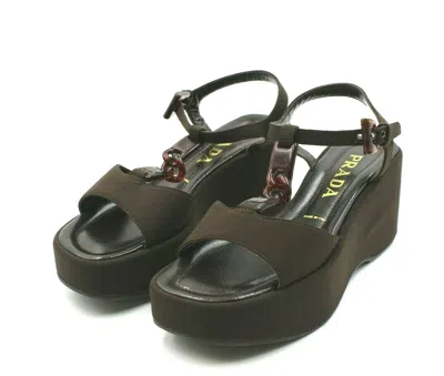 Pre-owned Prada Milano Women's Tess. Tecnico 0387 Brown Wedge Sandals