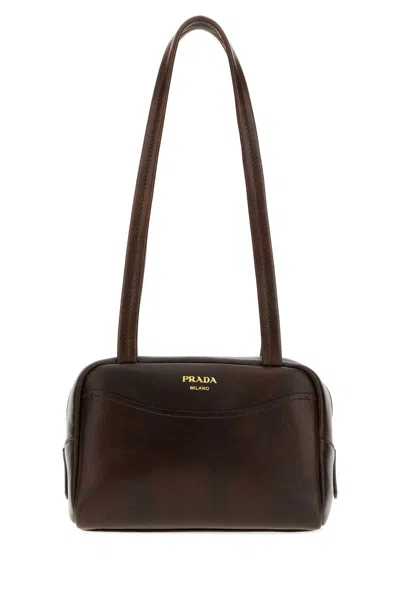Prada Mini Calf Leather Shoulder Bag With Golden Hardware In Brown