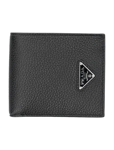 Prada Mini Calf Leather Wallet With Enameled Triangle Logo In Black