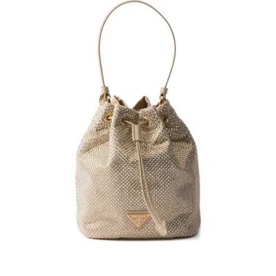 Prada Mini Crystal-embellished Drawstring Bucket Bag In Neutral