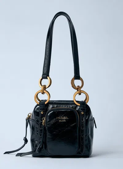 Prada Mini Dangle Leather Handbag In Black