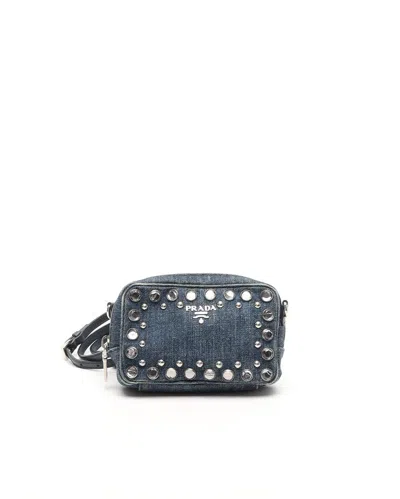 Prada Mini Embellished Denim Crossbody Bag In Blue
