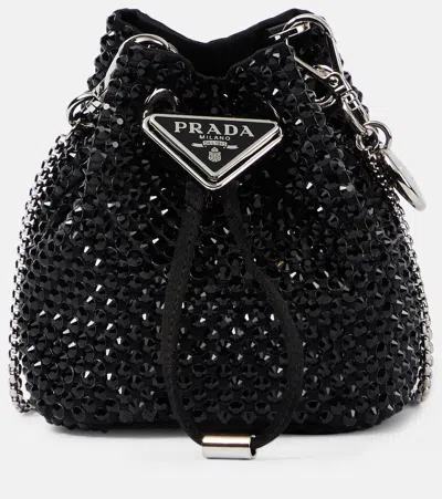 Prada Mini Embellished Satin Bucket Bag In Black