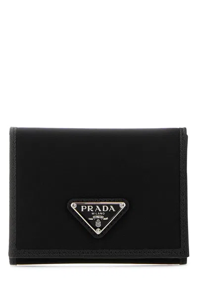 Prada Mini Fabric Wallet With Silver Metal Finishing In Black
