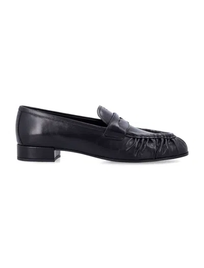 Prada Mini Gathered Leather Loafers With Low Block Heel In Nero