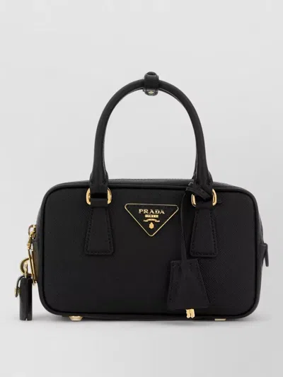 Prada Mini Handbag Bauletto Style Gold Hardware Top Handles In Black