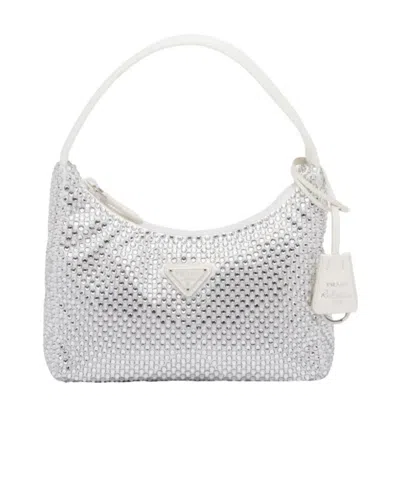 Prada Re-edition Satin Mini-bag With Crystals In White