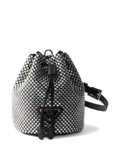 Prada Mini Icon Satin And Crystals Keychain Charm In Gray