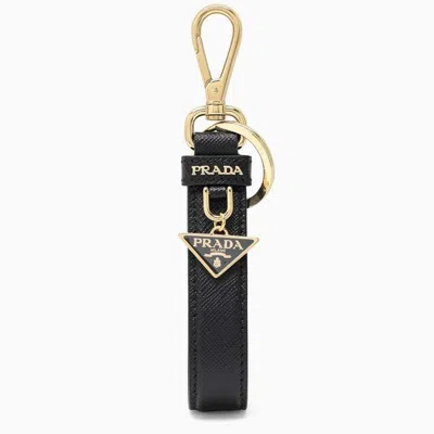 Prada Mini Leather Keychain With Gold Tone Accents In Black