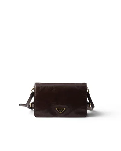 Prada Mini Leather Shoulder Bag In Dark Brown