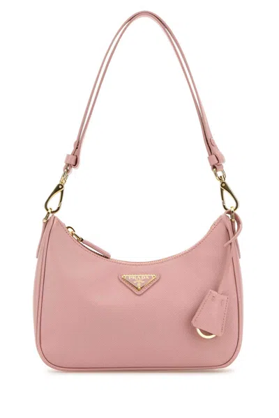 Prada Mini Leather Shoulder Handbag With Adjustable Handles, Golden Hardware, Re-nylon Lining In Pink