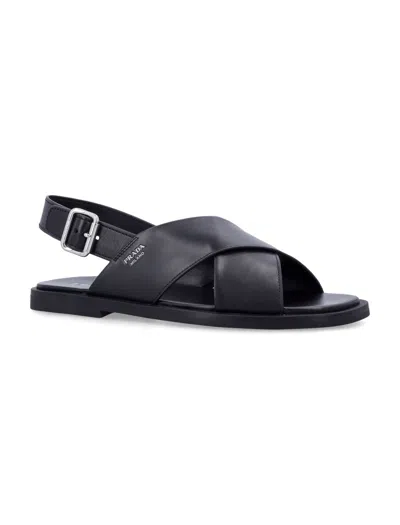 Prada Mini Leather Slide Sandals With Adjustable Slingback In Animal Print
