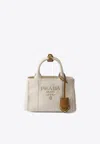 Prada Mini Logo Embroidered Canvas Tote Bag In Beige