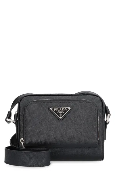 Prada Mini Messenger Handbag With Logo In Black