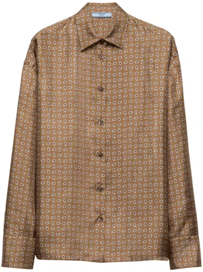 Prada Paisley Button Down Silk Twill Blouse In Brown