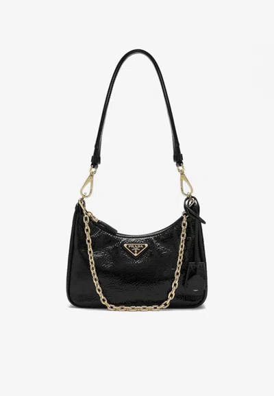 Prada Mini Re-edition 2005 Patent Leather Shoulder Bag In Black