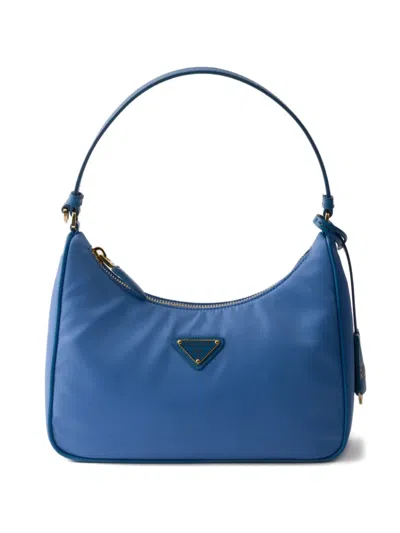 Prada Mini Re-edition 2005 Triangle-logo Tote Bag In Blue