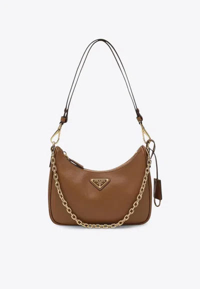 Prada Mini Re-edition Leather Shoulder Bag In Brown