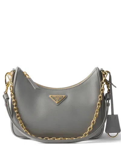 Prada Mini Re-edition Leather Shoulder Bag In Gray