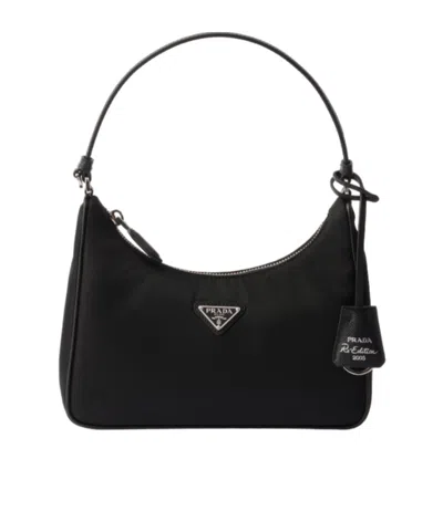 Prada Mini Re-edition Re-nylon Silver Logo Tote Bag In Black