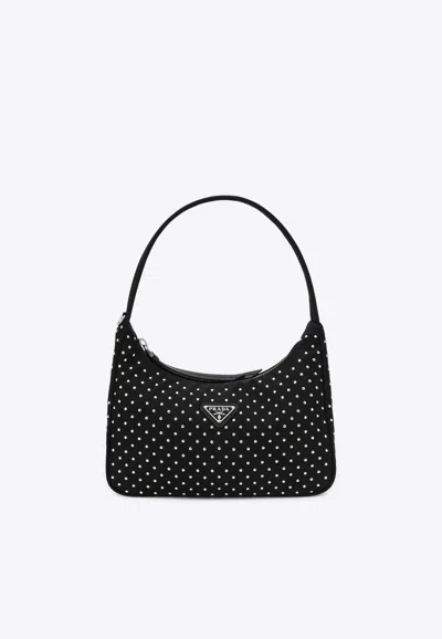 Prada Mini Re-edition Studded Shoulder Bag In Black