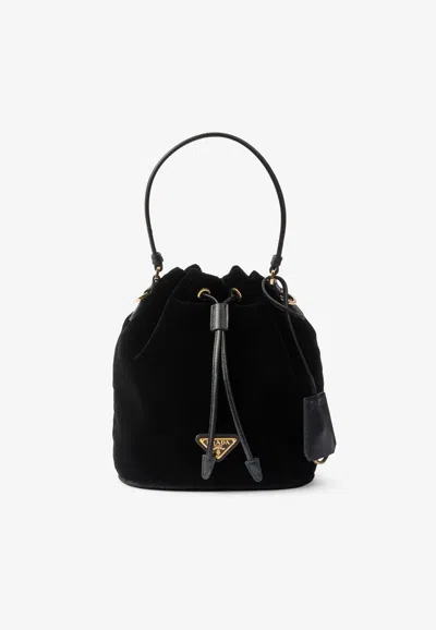 Prada Mini Re-edition Velvet Bucket Bag In Black