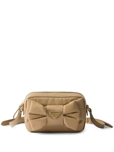 Prada Re-nylon And Nappa Leather Mini Shoulder Bag With Bow In Camel Brown