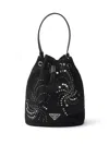 Prada Embellished Drawstring Nylon Bucket Bag In Black