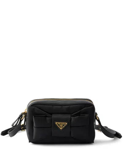 Prada Re-nylon And Nappa Leather Mini Shoulder Bag With Bow In Black
