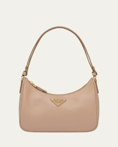 Prada Mini Saffiano Leather Shoulder Bag With Adjustable Strap In Cammeo