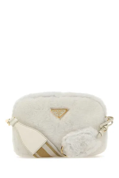 Prada Mini Shearling Crossbody Handbag In White