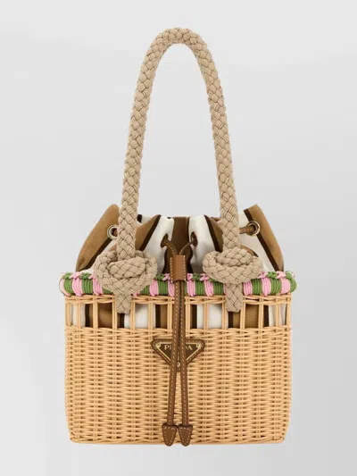Prada Mini Shopping Bag Featuring Woven Design In Brown