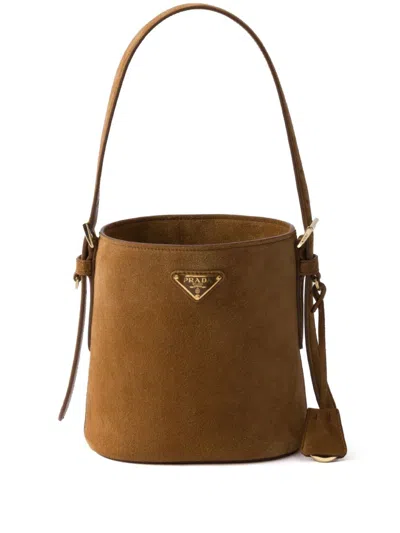 Prada Mini Suede Bucket Bag In Braun