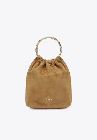 Prada Mini Suede Bucket Bag In Brown