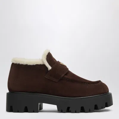 Prada Mini Suede Moccasins In Brown