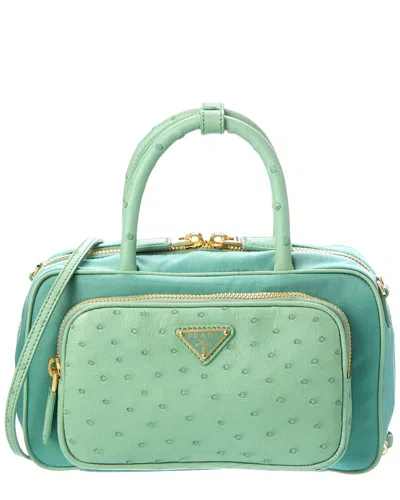 Prada Mini Tessuto & Ostrich Shoulder Bag In Brown