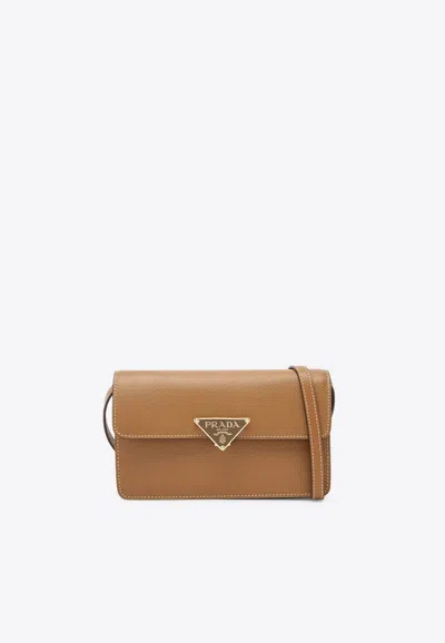 Prada Mini Triangle Logo Leather Shoulder Bag In Brown