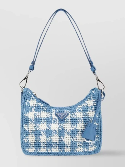 Prada Mini Two-tone Raffia Woven Shoulder Bag In Blue
