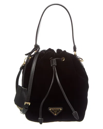 Prada Mini Velvet & Leather Bucket Bag In Black
