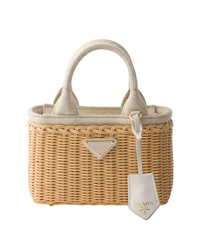 Prada Mini Tote Bag Aus Korbgeflecht Und Leinenmischgewebe In Beige Khaki