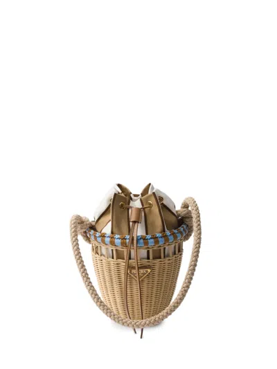 Prada Basket Rope Rattan Bucket Bag In Hellblau / Hellblau