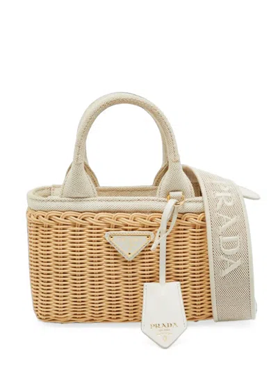 Pre-owned Prada Mini Wicker Canvas Tote Bag In Neutrals