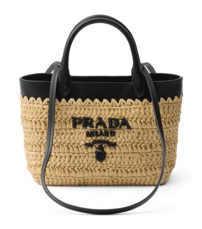 Prada Womens Neutral Logo-embroidered Mini Crochet And Leather Tote Bag