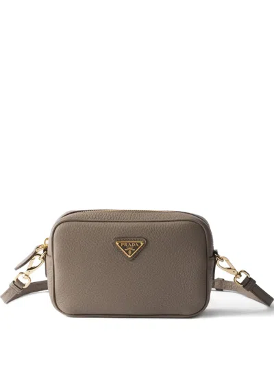 Prada Mini Zip Triangle-logo Leather Shoulder Bag In Gray