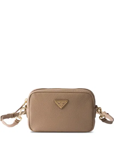 Prada Mini Zipper Leather Cross Body Bag In Brown