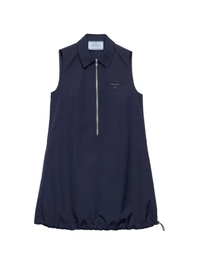 Prada Poplin Mini Dress Sleeveless Drawstring Hem In Blue