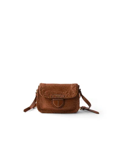 Prada Mini-schultertasche Aus Geflochtenem Leder In Brown
