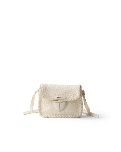 Prada Mini-schultertasche Aus Geflochtenem Leder In White