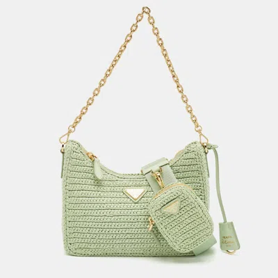 Pre-owned Prada Mint Green Raffia Re-edition 2005 Shoulder Bag