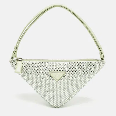 Pre-owned Prada Mint Green Satin Crystal Studded Triangle Shoulder Bag